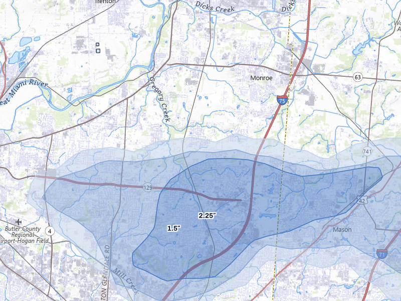 NEXRAD radar-signature map of the hail over Middletown, OH