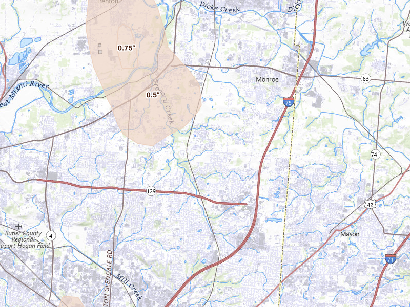 Radar-estimated hail-size map of the storm over Middletown, OH on Jul 27, 2026