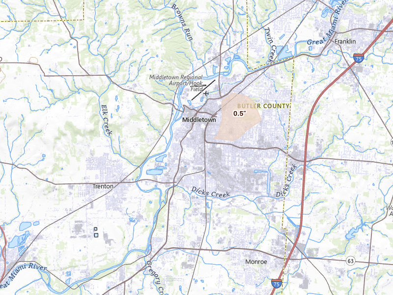 Radar-estimated hail-size map of the storm over Middletown, OH on Aug 22, 2026