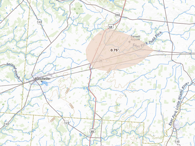 Radar-estimated hail-size map of the storm over Midland, OH on Aug 8, 2026