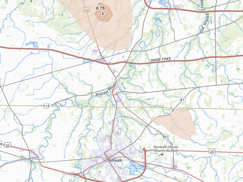 Radar-estimated hail-size map of the storm over Milan, OH on Jun 6, 2026
