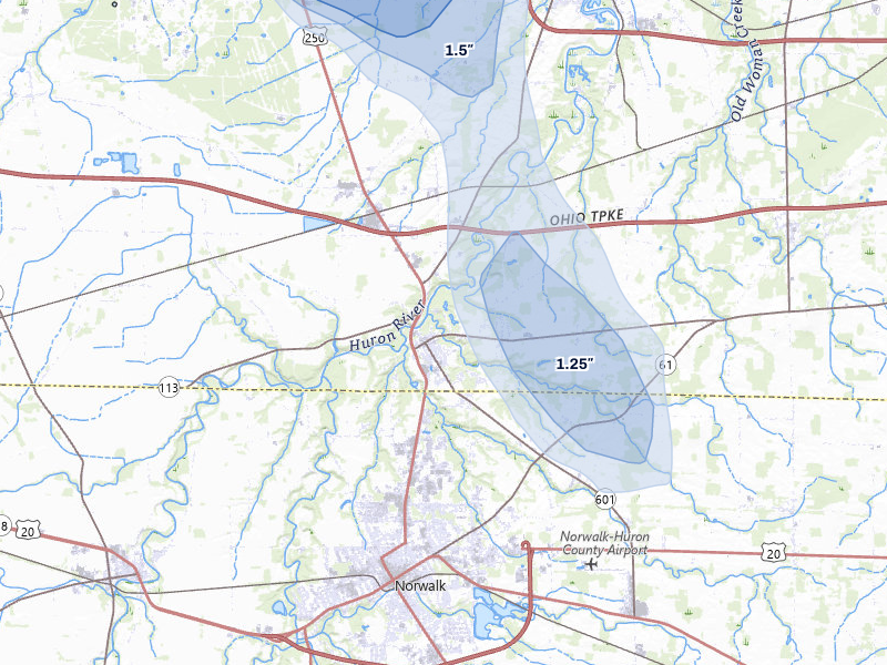 NEXRAD radar-signature map of the hail over Milan, OH