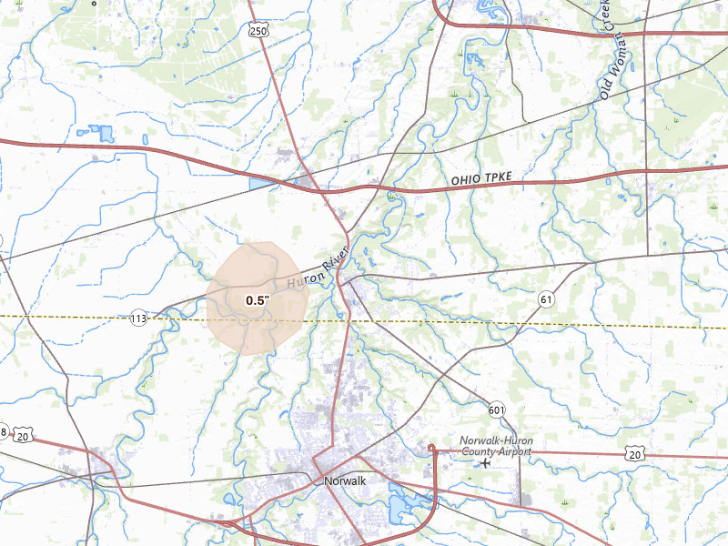 Radar-estimated hail-size map of the storm over Milan, OH on Sep 3, 2026