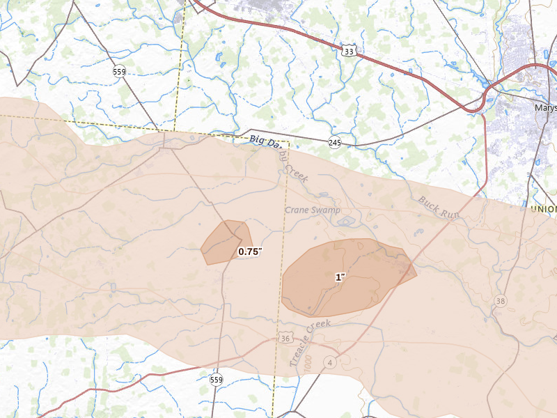 Radar-estimated hail-size map of the storm over Milford Center, OH on Mar 22, 2026