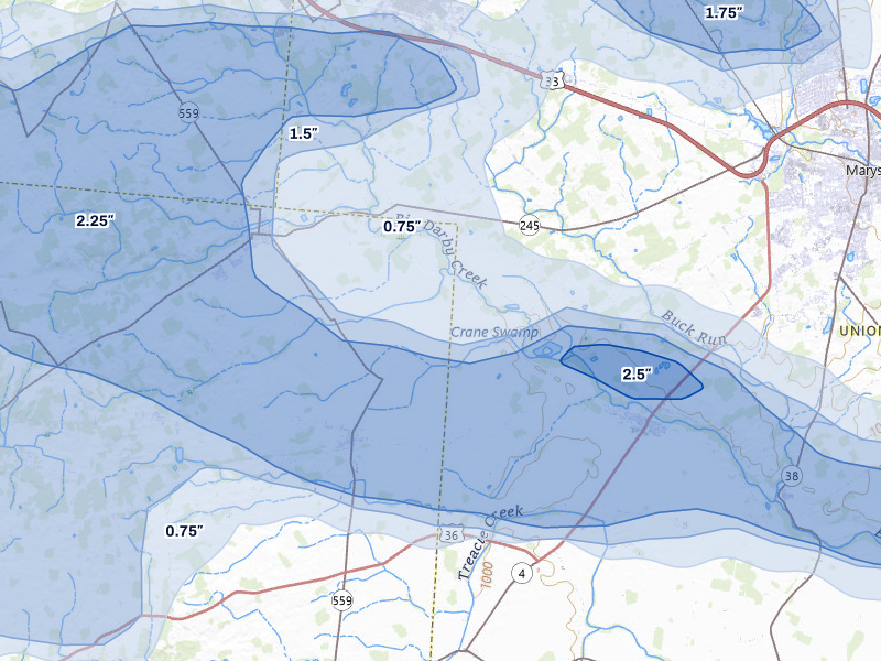 NEXRAD radar-signature map of the hail storm over Milford Center, OH on Mar 22, 2026
