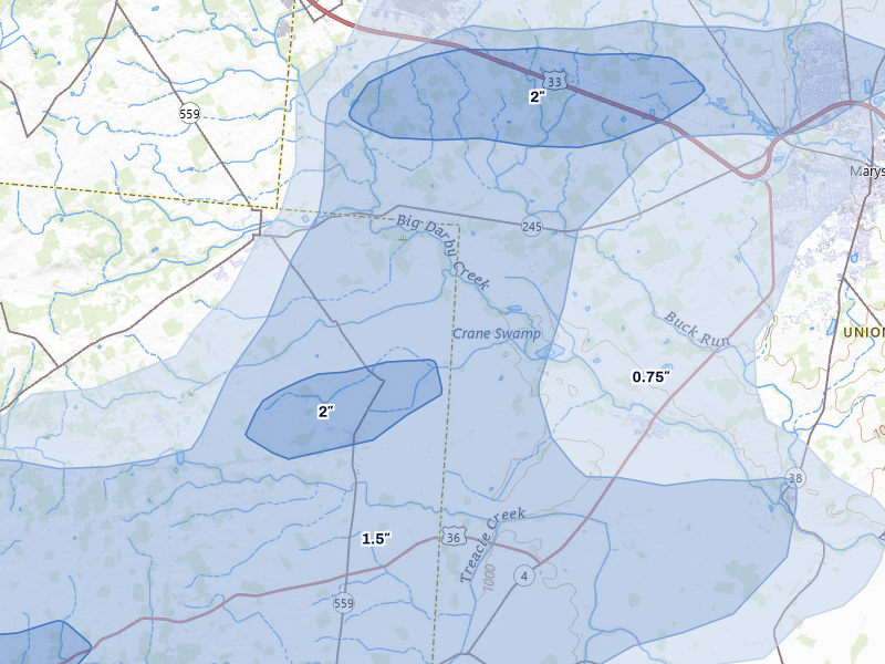 NEXRAD radar-signature map of the hail storm over Milford Center, OH on May 16, 2026