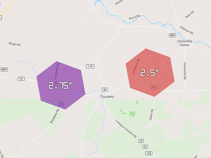 Hail map of Milford Center, OH on Jun 6, 2026, hail up to 2.75"