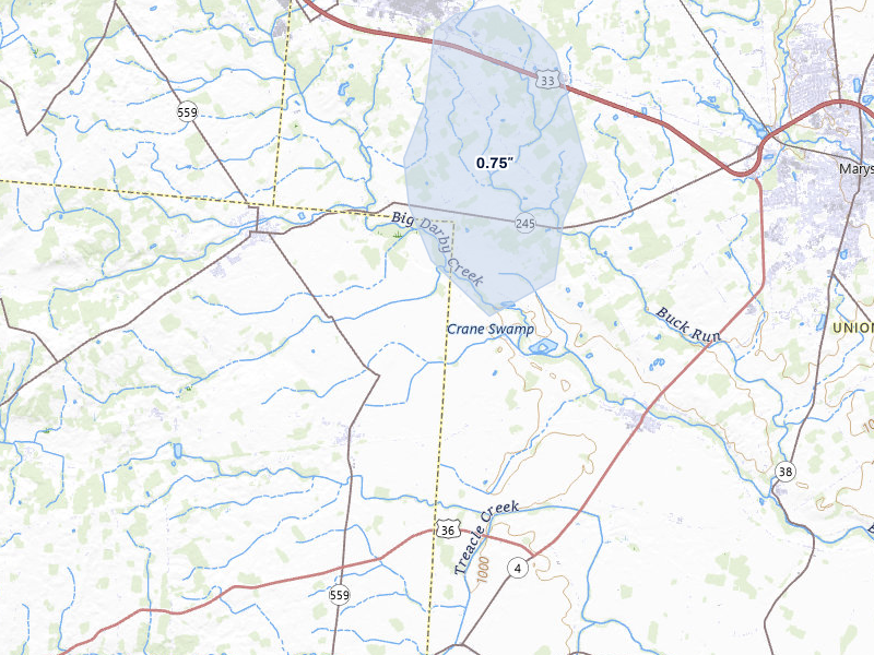 NEXRAD radar-signature map of the hail over Milford Center, OH