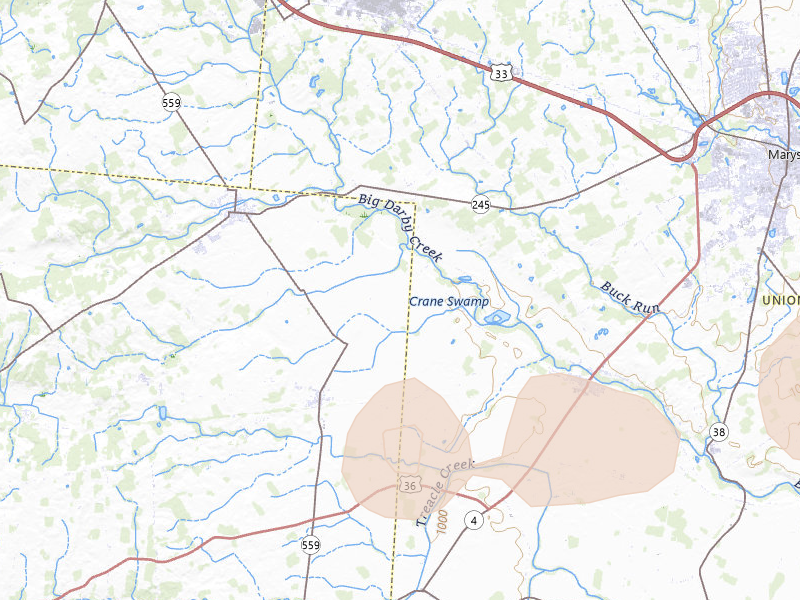 Radar-estimated hail-size map of the storm over Milford Center, OH on Aug 9, 2026