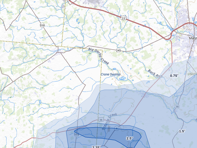 NEXRAD radar-signature map of the hail storm over Milford Center, OH on Aug 9, 2026
