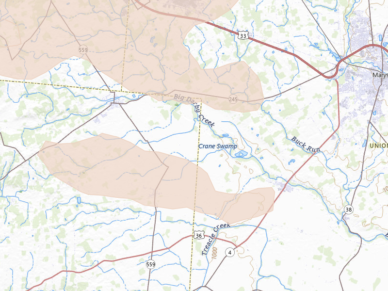 Radar-estimated hail-size map of the storm over Milford Center, OH on Aug 10, 2026