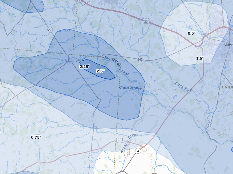 NEXRAD radar-signature map of the hail storm over Milford Center, OH on Aug 10, 2026