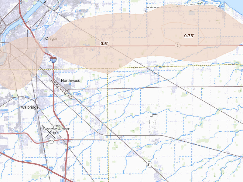 Radar-estimated hail-size map of the storm over Millbury, OH on Jul 20, 2026
