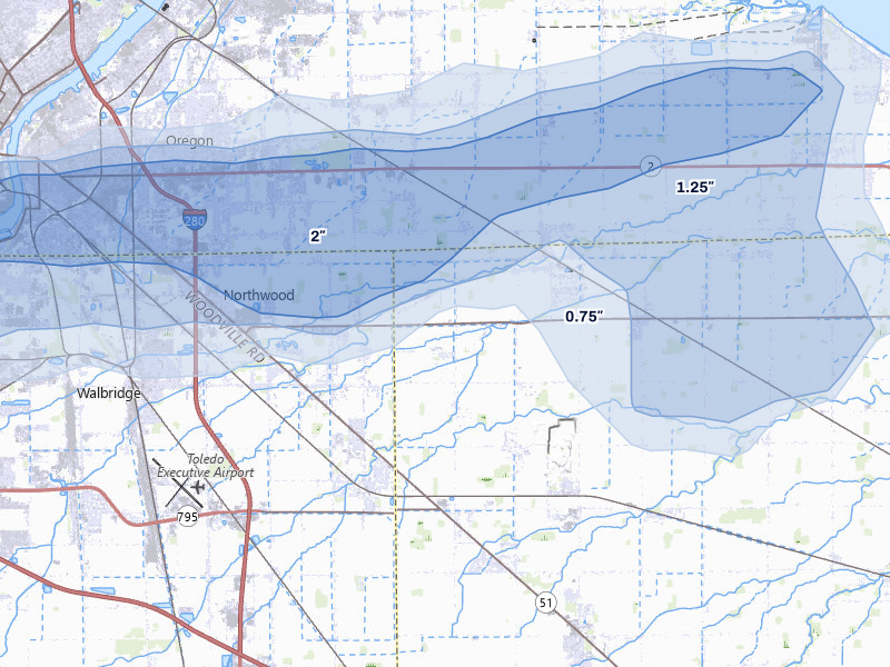 NEXRAD radar-signature map of the hail storm over Millbury, OH on Jul 20, 2026