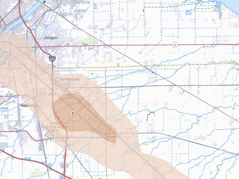 Radar-estimated hail-size map of the storm over Millbury, OH on Jul 27, 2026