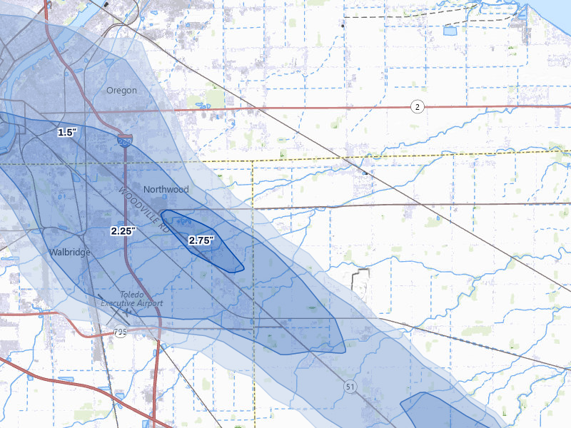 NEXRAD radar-signature map of the hail storm over Millbury, OH on Jul 27, 2026