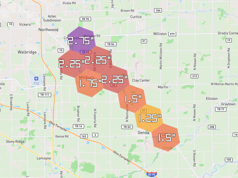 Hail map of Millbury, OH on Jul 28, 2026, hail up to 2.75"