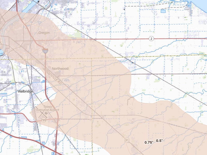 Radar-estimated hail-size map of the storm over Millbury, OH on Aug 10, 2026