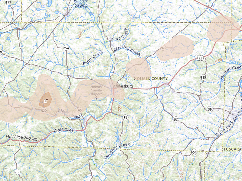 Radar-estimated hail-size map of the storm over Millersburg, OH on Mar 22, 2026