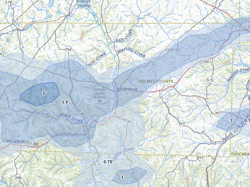 NEXRAD radar-signature map of the hail storm over Millersburg, OH on Mar 22, 2026