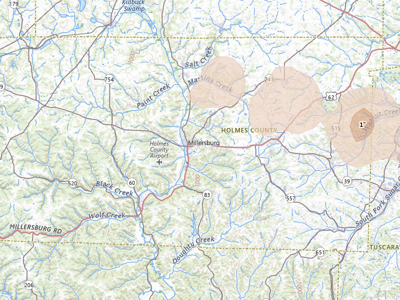 Radar-estimated hail-size map of the storm over Millersburg, OH on Mar 26, 2026