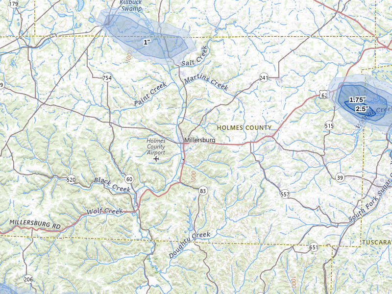 NEXRAD radar-signature map of the hail over Millersburg, OH