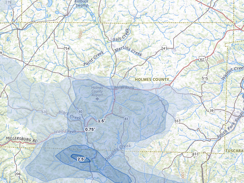 NEXRAD radar-signature map of the hail over Millersburg, OH