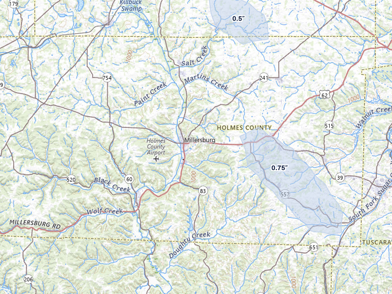 NEXRAD radar-signature map of the hail storm over Millersburg, OH on Apr 22, 2026