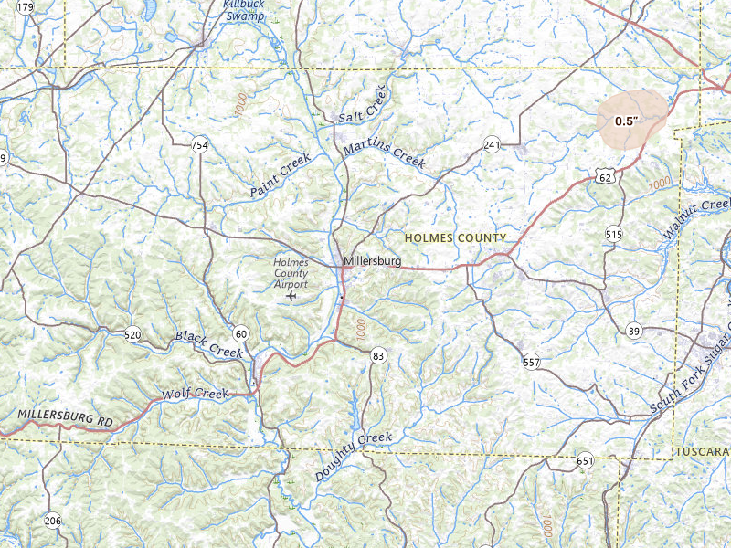Radar-estimated hail-size map of the storm over Millersburg, OH on Jul 4, 2026