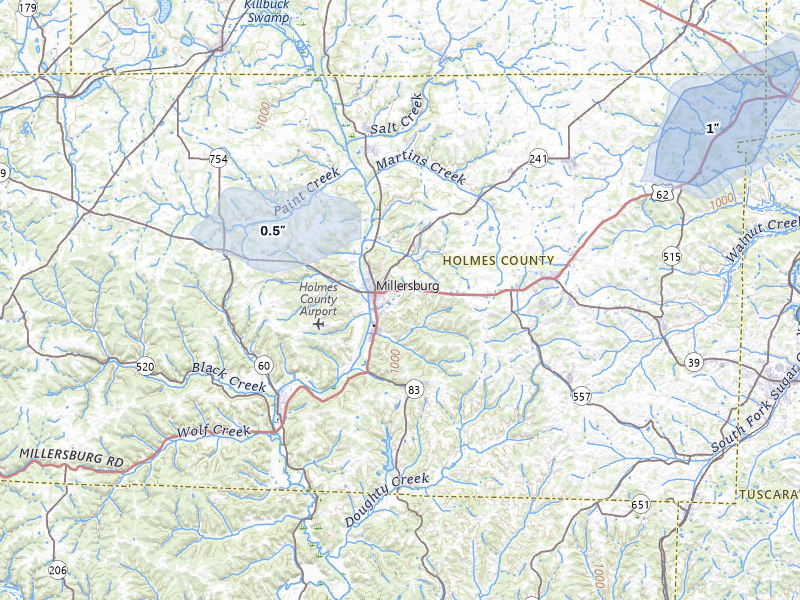 NEXRAD radar-signature map of the hail over Millersburg, OH