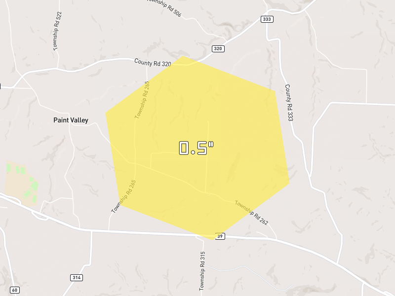 Hail map of Millersburg, OH on Jul 4, 2026, hail up to 0.5"