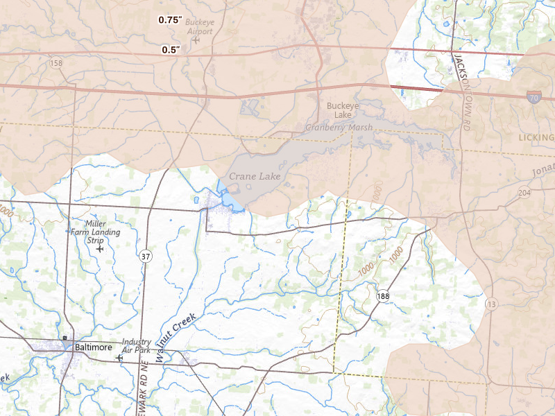 Radar-estimated hail-size map of the storm over Millersport, OH on Aug 10, 2026
