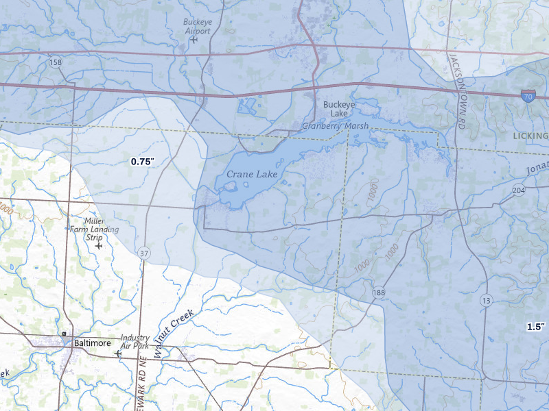 NEXRAD radar-signature map of the hail storm over Millersport, OH on Aug 10, 2026