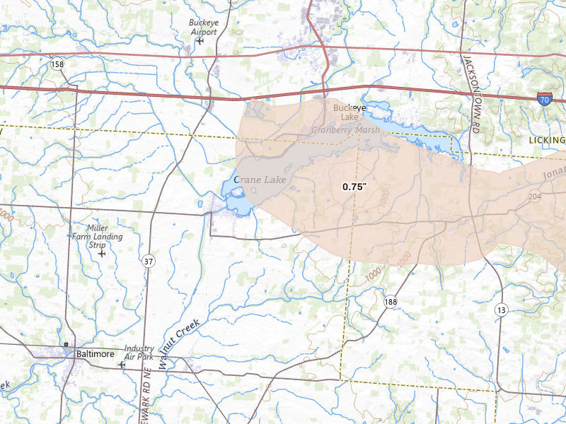 Radar-estimated hail-size map of the storm over Millersport, OH on Sep 4, 2026
