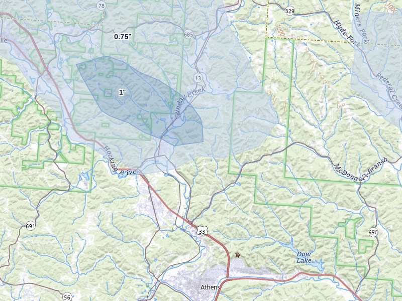 NEXRAD radar-signature map of the hail over Millfield, OH