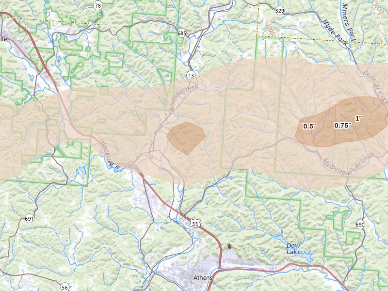 Radar-estimated hail-size map of the storm over Millfield, OH on Aug 8, 2026