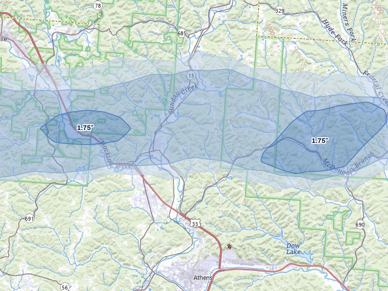 NEXRAD radar-signature map of the hail storm over Millfield, OH on Aug 8, 2026