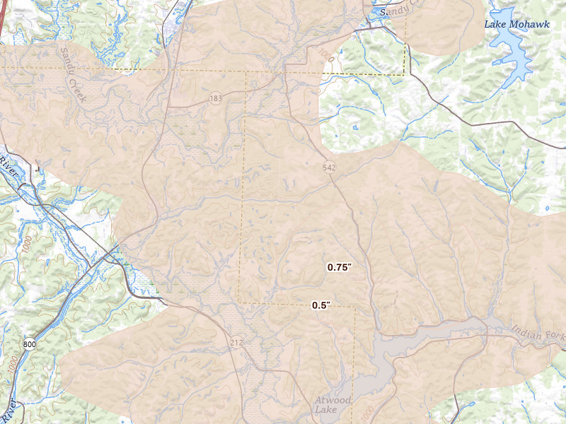 Radar-estimated hail-size map of the storm over Mineral City, OH on Aug 10, 2026