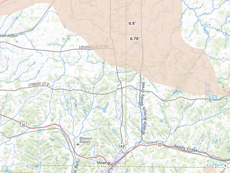 Radar-estimated hail-size map of the storm over Minerva, OH on Aug 10, 2026