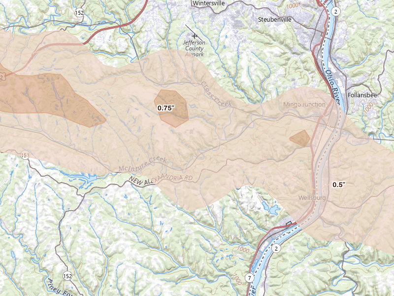 Radar-estimated hail-size map of the storm over Mingo Junction, OH on Mar 26, 2026
