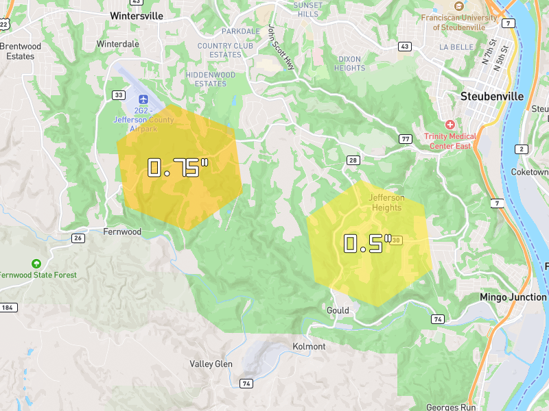 Hail map of Mingo Junction, OH on Jul 4, 2026, hail up to 0.75"