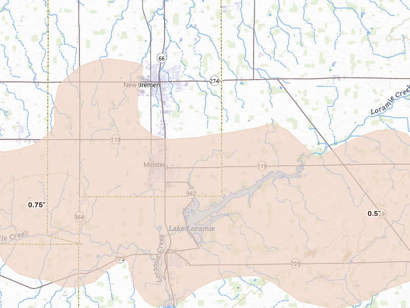 Radar-estimated hail-size map of the storm over Minster, OH on Mar 22, 2026