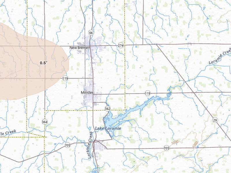 Radar-estimated hail-size map of the storm over Minster, OH on Mar 26, 2026