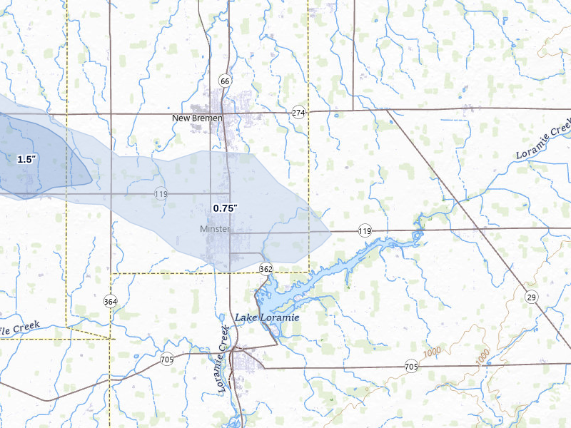 NEXRAD radar-signature map of the hail storm over Minster, OH on Mar 26, 2026