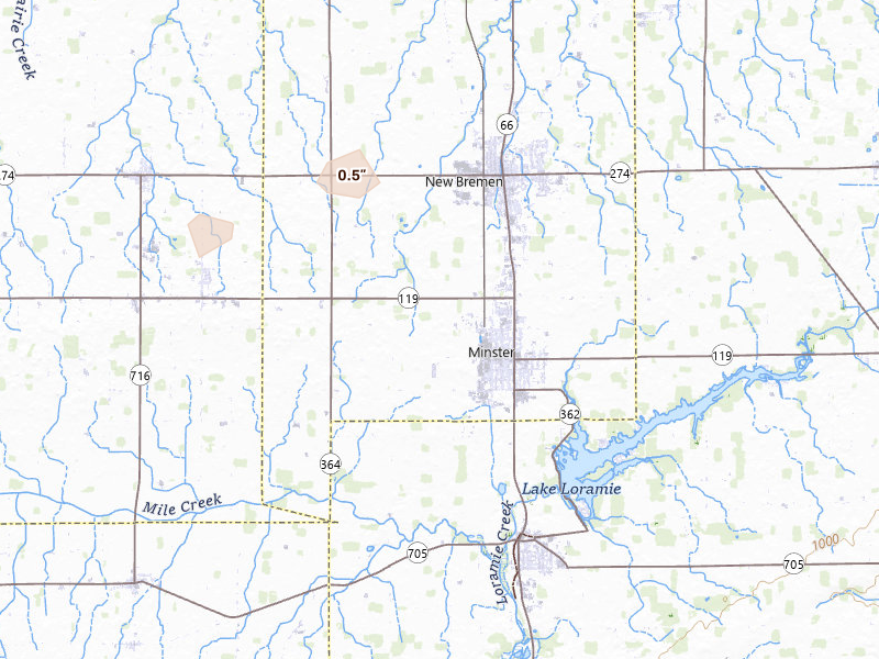 Radar-estimated hail-size map of the storm over Minster, OH on Aug 7, 2026