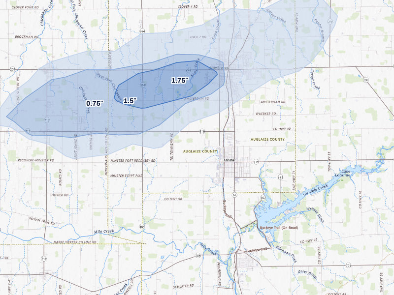 NEXRAD radar-signature map of the hail storm over Minster, OH on Aug 7, 2026