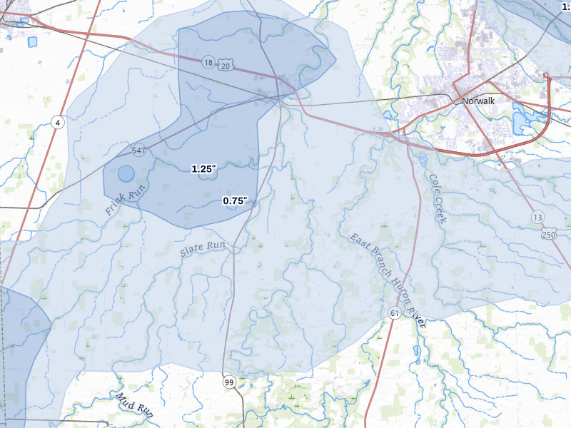 NEXRAD radar-signature map of the hail storm over Monroeville, OH on Mar 31, 2026