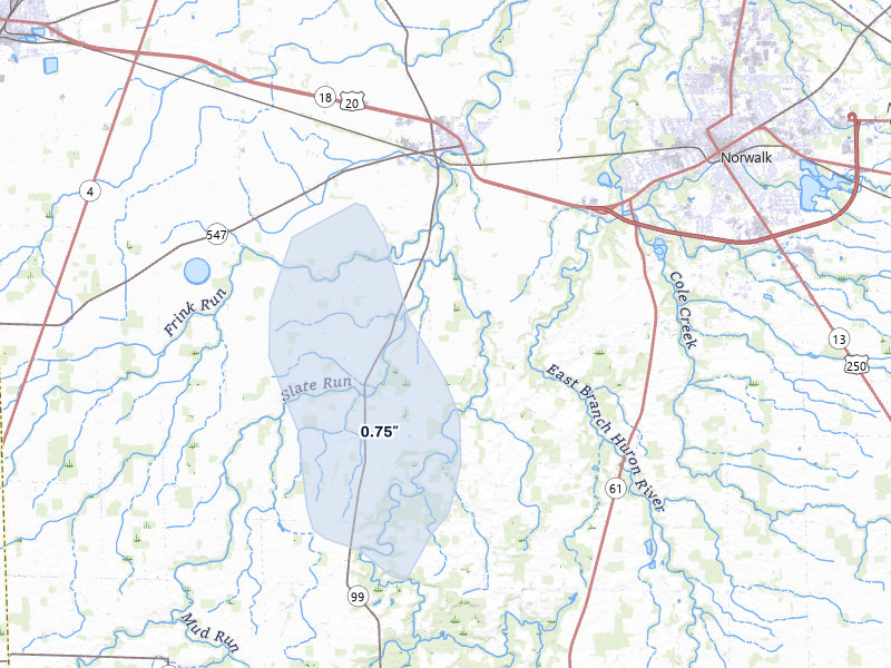 NEXRAD radar-signature map of the hail storm over Monroeville, OH on Apr 13, 2026