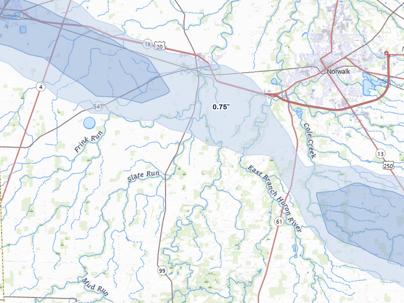 NEXRAD radar-signature map of the hail storm over Monroeville, OH on Apr 22, 2026