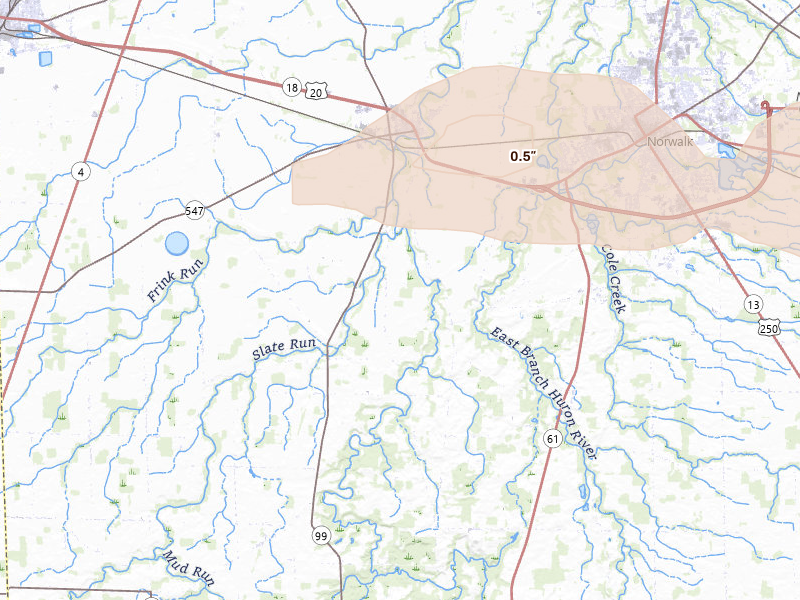 Radar-estimated hail-size map of the storm over Monroeville, OH on Jun 10, 2026